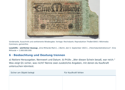 Originales Schülerblatt B1: Reichsbanknote über eine Milliarde Mark vom 5. September 1923 untersuchen, Beobachtung und Deutung trennen.