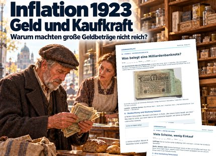 Inflation 1923 – Geld und Kaufkraft: Unterrichtseinheit für Klasse 8–9, 45–90 Minuten, mit Quellenarbeit, Arbeitsblättern und PowerPoint. Moderne Illustration und echte Materialvorschauen.