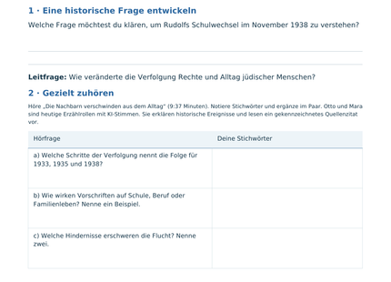 Originalseite A1: historischer Einstieg zu Rudolf Appel, Leitfrage und drei Hörfragen mit Schreibflächen.