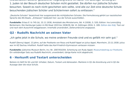 Originalseite B1: Schulerlass vom 15. November 1938 und Satz aus Rudolf Appels Postkarte mit Quellenangaben.