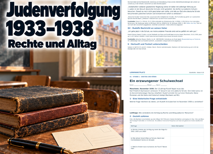 Judenverfolgung 1933–1938: Unterrichtseinheit für Klasse 9–10 mit originalen Blattvorschauen und einer modernen KI-Illustration eines Schulstilllebens.
