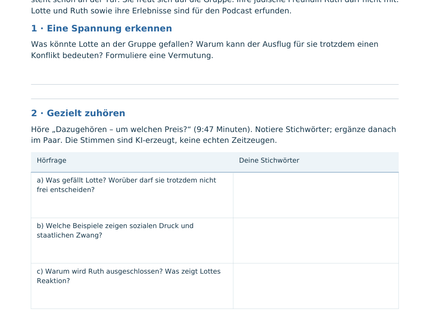 Originalvorschau A1: Der Rucksack steht bereit – fiktive Einstiegsszene, Hörfragen und QR-Code zum Podcast.