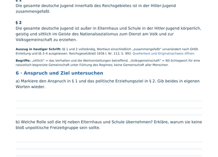 Originalvorschau B1: HJ-Gesetz von 1936 mit Einordnung, Aufgaben zum Erziehungsanspruch und Schreibflächen.