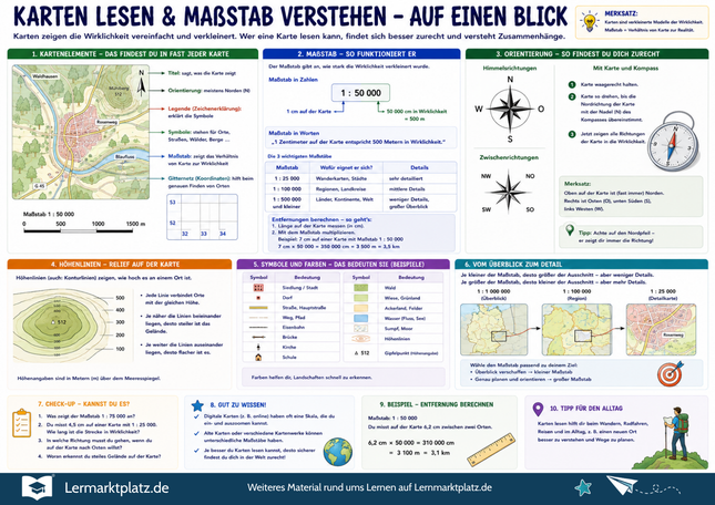Karten lesen & Maßstab verstehen – Orientierung, Kartenzeichen & Entfernungen einfach erklärt – Lernposter / Lernplakat als PDF