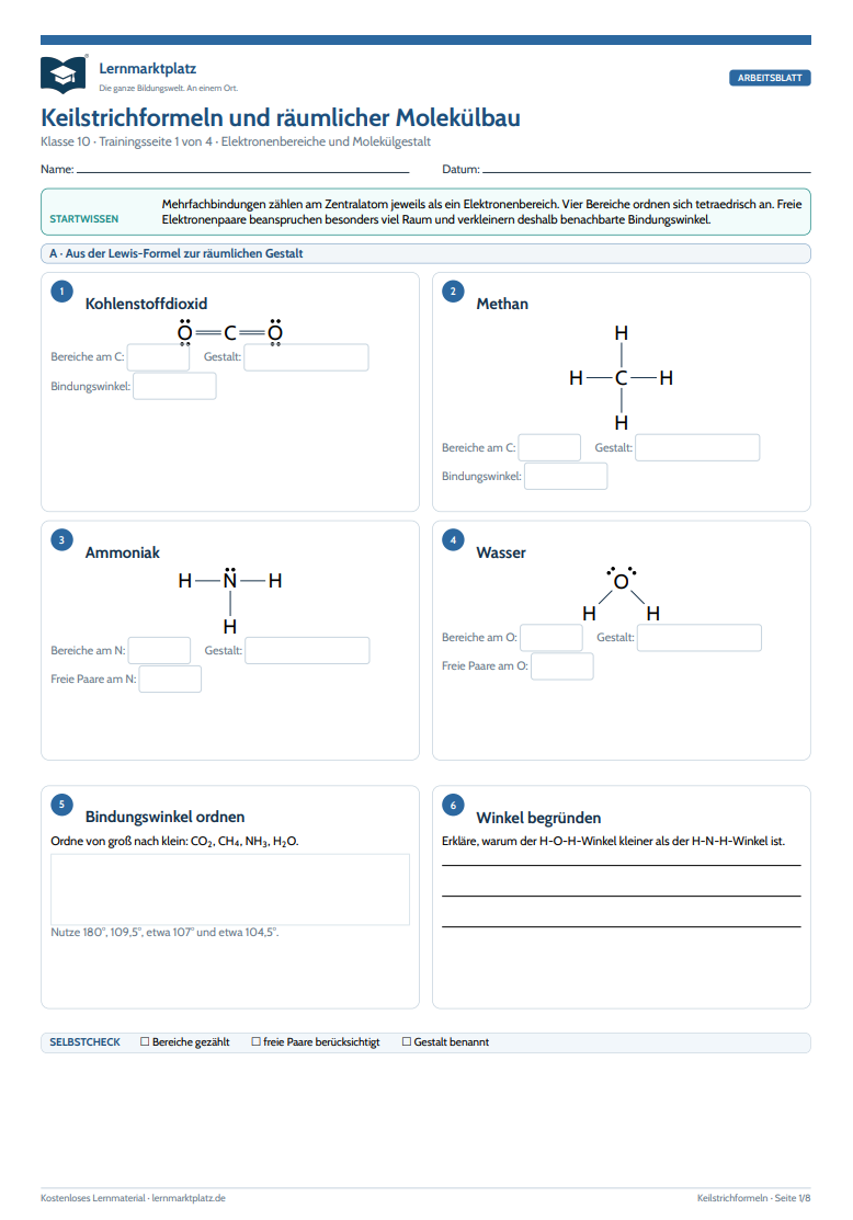 Keilstrichformeln & räumlicher Molekülbau – kostenloses Chemie-Arbeitsblatt mit Lösungen (PDF)
