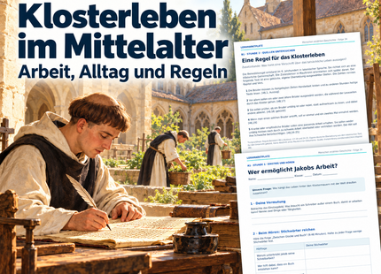 Klosterleben im Mittelalter – Unterrichtseinheit für Klasse 6–7 mit Quellenarbeit, Arbeitsblättern und Unterrichtsfolien. Illustration eines schreibenden Mönchs und Vorschau auf zwei Arbeitsblätter.