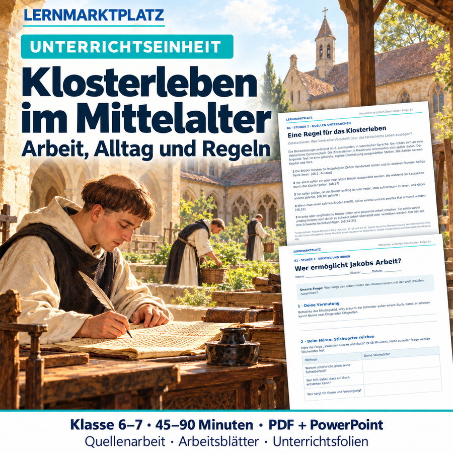 Klosterleben im Mittelalter – Unterrichtseinheit für Klasse 6–7 mit Quellenarbeit, Arbeitsblättern und Unterrichtsfolien. Illustration eines schreibenden Mönchs und Vorschau auf zwei Arbeitsblätter.