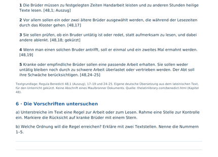 Vorschau Quellenarbeit: Auszüge aus der Benediktsregel mit Aufgaben