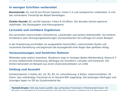 Unterrichtseinheit Klosterleben: Lehrerübersicht mit Lernzielen, Vorbereitung und Materialumfang für Klasse 6–7