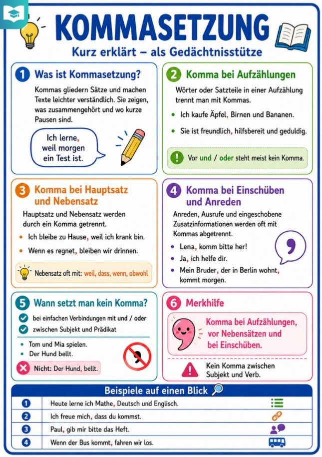 Kommasetzung – Deutsch-Lernkarte (kostenloses PDF)