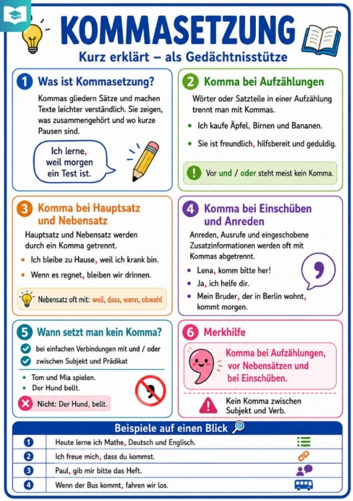 Kommasetzung – Deutsch-Lernkarte (kostenloses PDF)
