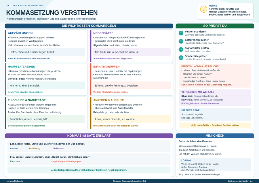 Kommasetzung verstehen – Kommaregeln auf einen Blick – Lernposter / Lernplakat als PDF