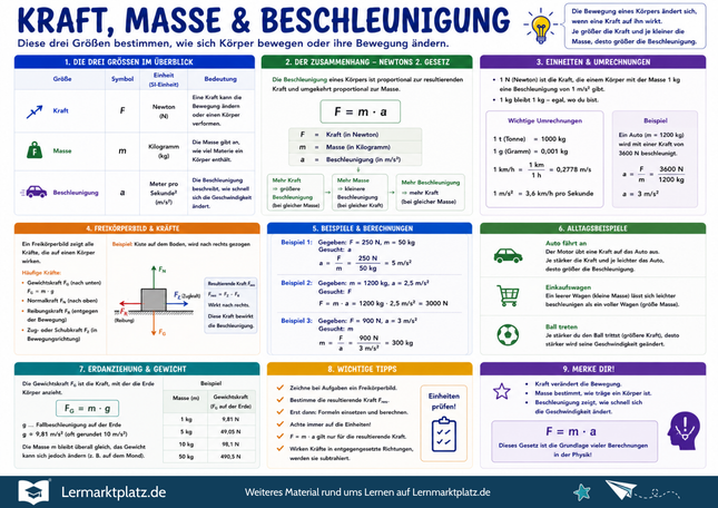 Kraft, Masse & Beschleunigung verstehen – Newtons Grundgesetz einfach erklärt – Lernposter / Lernplakat als PDF