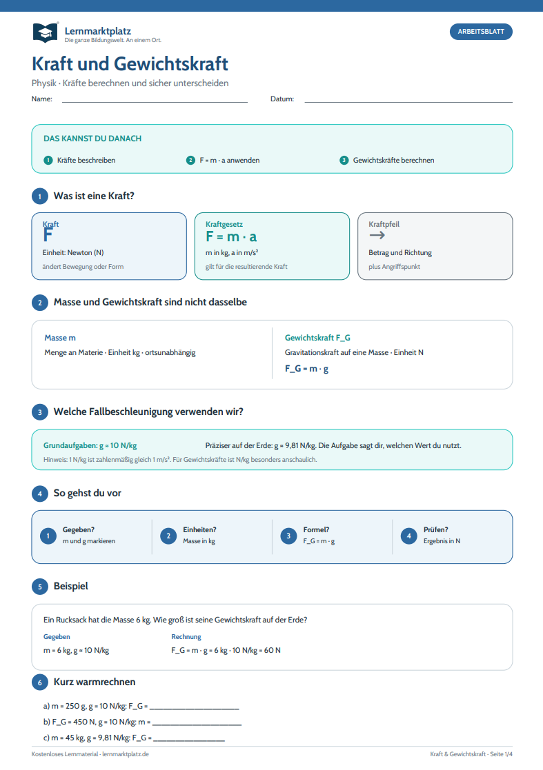 Kraft und Gewichtskraft – kostenloses Physik-Arbeitsblatt mit Lösungen (PDF)