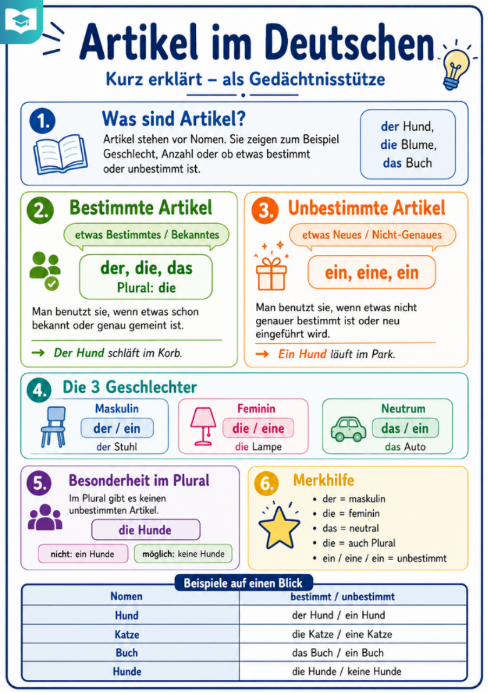 Artikel im Deutschen – Deutsch-Lernkarte (kostenloses PDF)