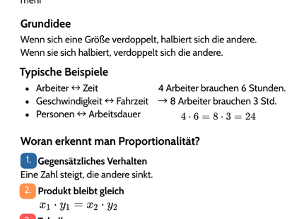 Antiproportionalität – umgekehrte Zusammenhänge – Lernkarte (kostenloses PDF)