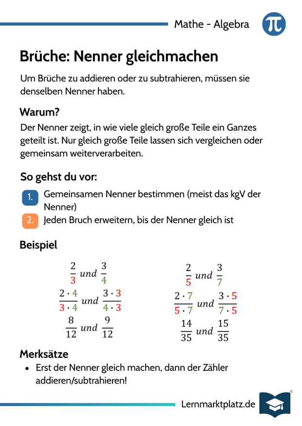 Nenner gleichmachen – Lernkarte (kostenloses PDF)