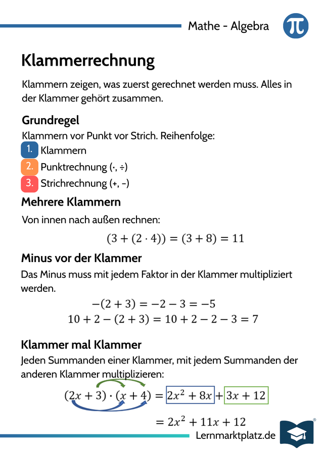 Klammerrechnung – Reihenfolge & Regeln – Lernkarte (kostenloses PDF)