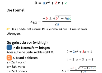 Mitternachtsformel – Quadratische Gleichungen lösen – Lernkarte (kostenloses PDF)