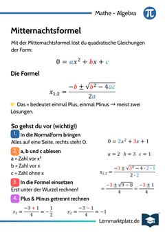 Mitternachtsformel – Quadratische Gleichungen lösen – Lernkarte (kostenloses PDF)
