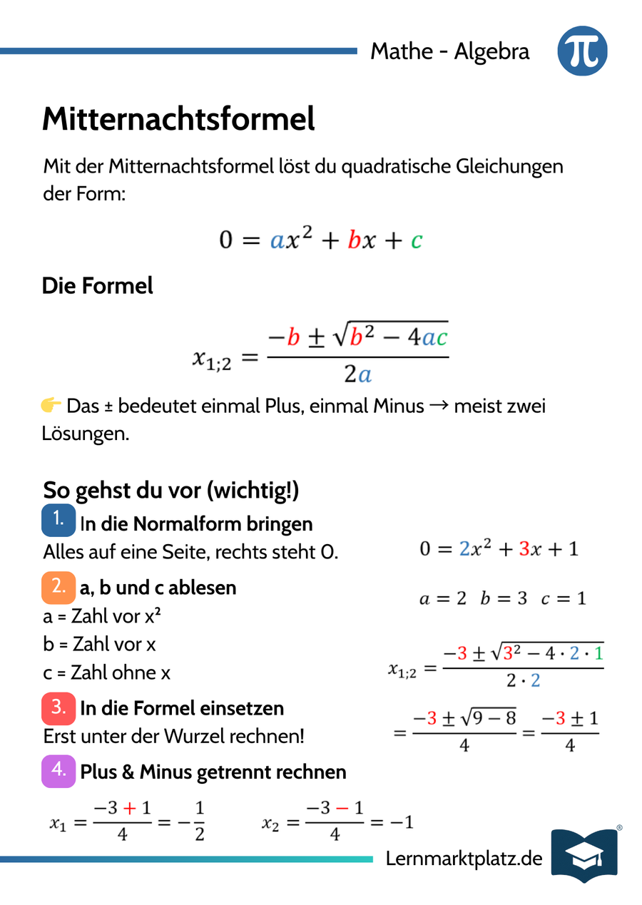 Mitternachtsformel – Quadratische Gleichungen lösen – Lernkarte (kostenloses PDF)