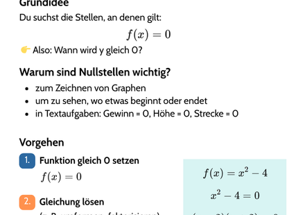 Nullstellen – Schnittpunkte mit der x-Achse – Lernkarte (kostenloses PDF)