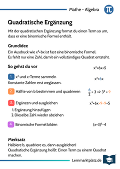 Quadratische Ergänzung – Quadratische Gleichungen lösen – Lernkarte (kostenloses PDF)