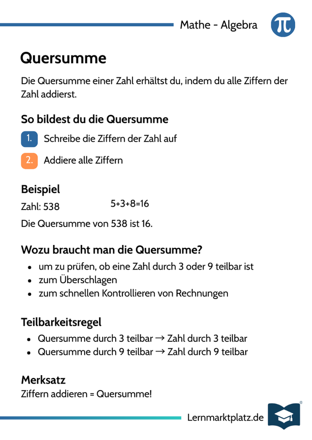 Quersumme – Bedeutung & Anwendung – Lernkarte (kostenloses PDF)