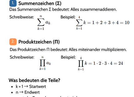 Summen- und Produktzeichen – Bedeutung & Anwendung – Lernkarte (kostenloses PDF)