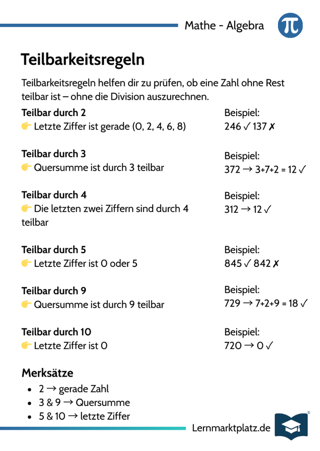Teilbarkeitsregeln – Zahlen prüfen & verstehen – Lernkarte (kostenloses PDF)