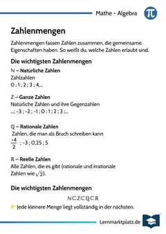 Zahlenmengen – Überblick & Bedeutung – Lernkarte (kostenloses PDF)