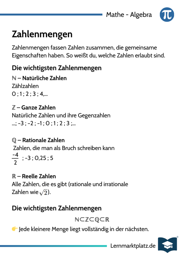 Zahlenmengen – Überblick & Bedeutung – Lernkarte (kostenloses PDF)