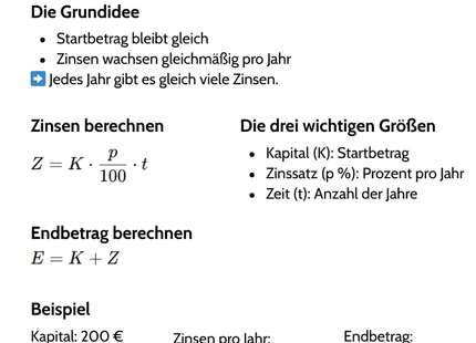 Zinsrechnung – einfache Zinsen (ohne Zinseszins) – Lernkarte (kostenloses PDF)