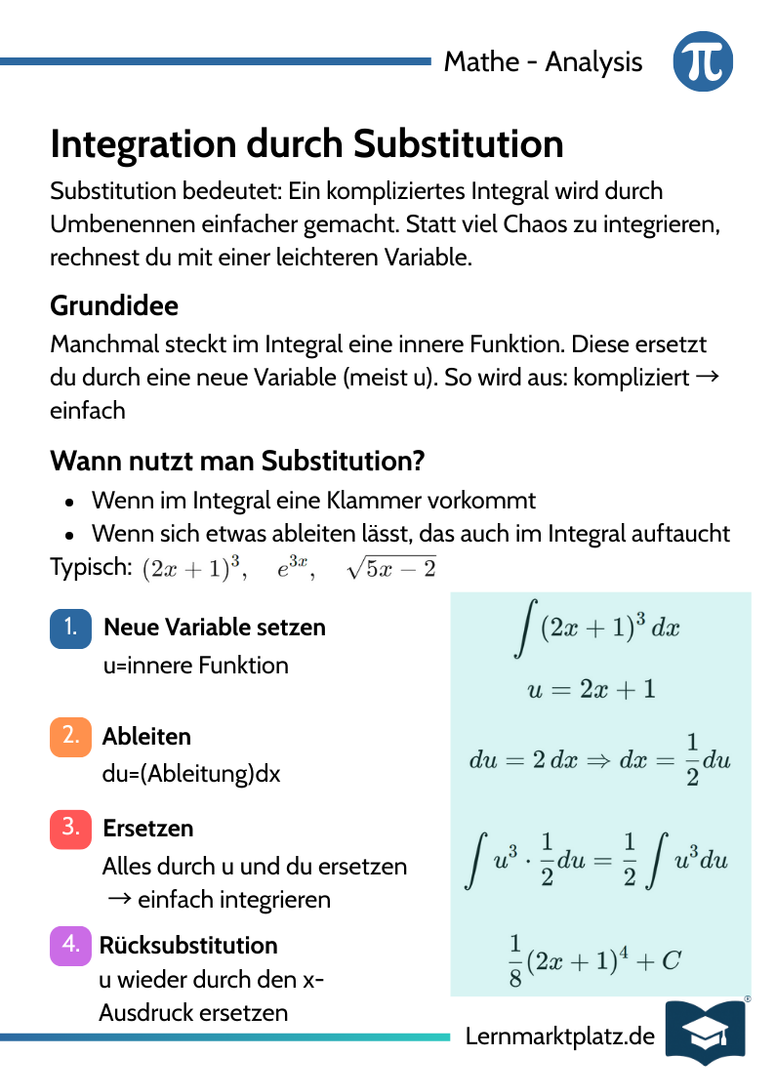 Integration durch Substitution – Integrale lösen – Lernkarte (kostenloses PDF)