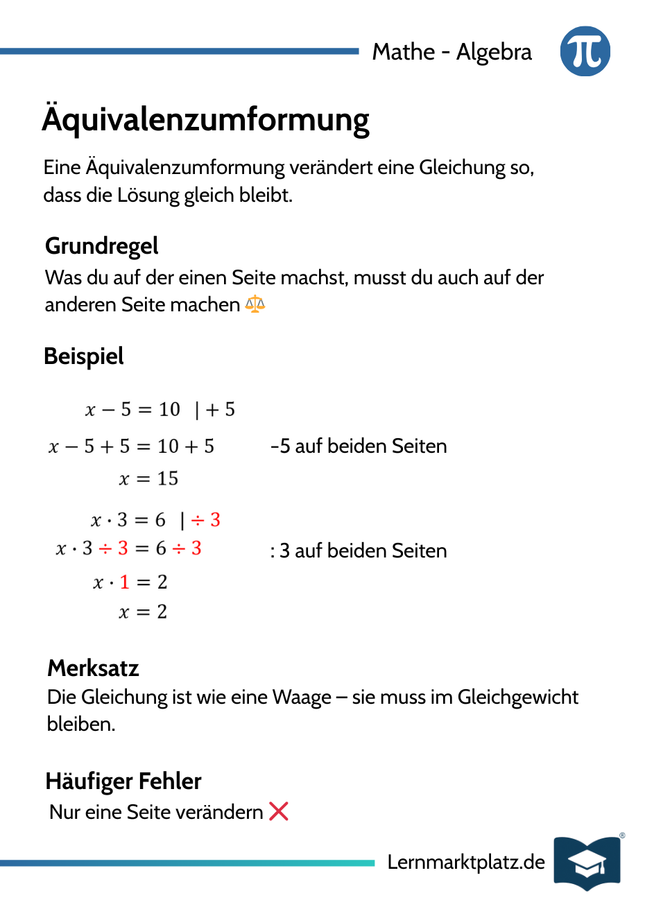 Äquivalenzumformung – Lernkarte (kostenloses PDF)