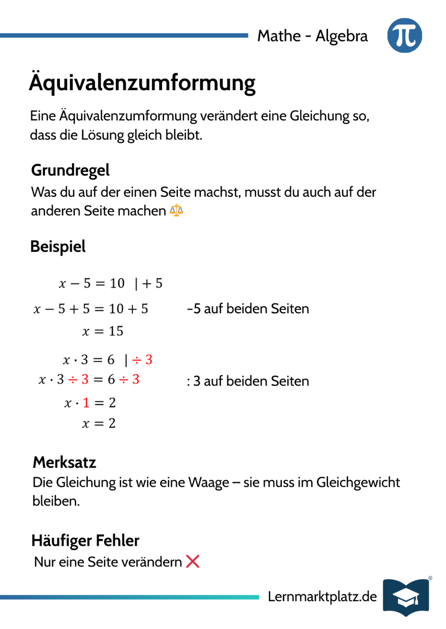Äquivalenzumformung – Lernkarte (kostenloses PDF)