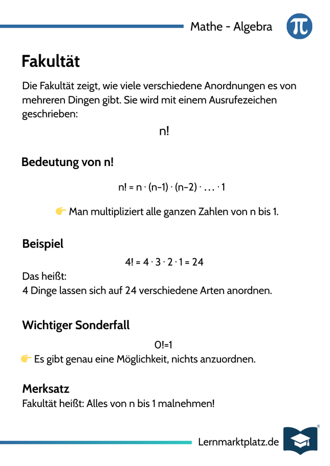 Fakultät (!) – Bedeutung & Anwendung – Lernkarte (kostenloses PDF)