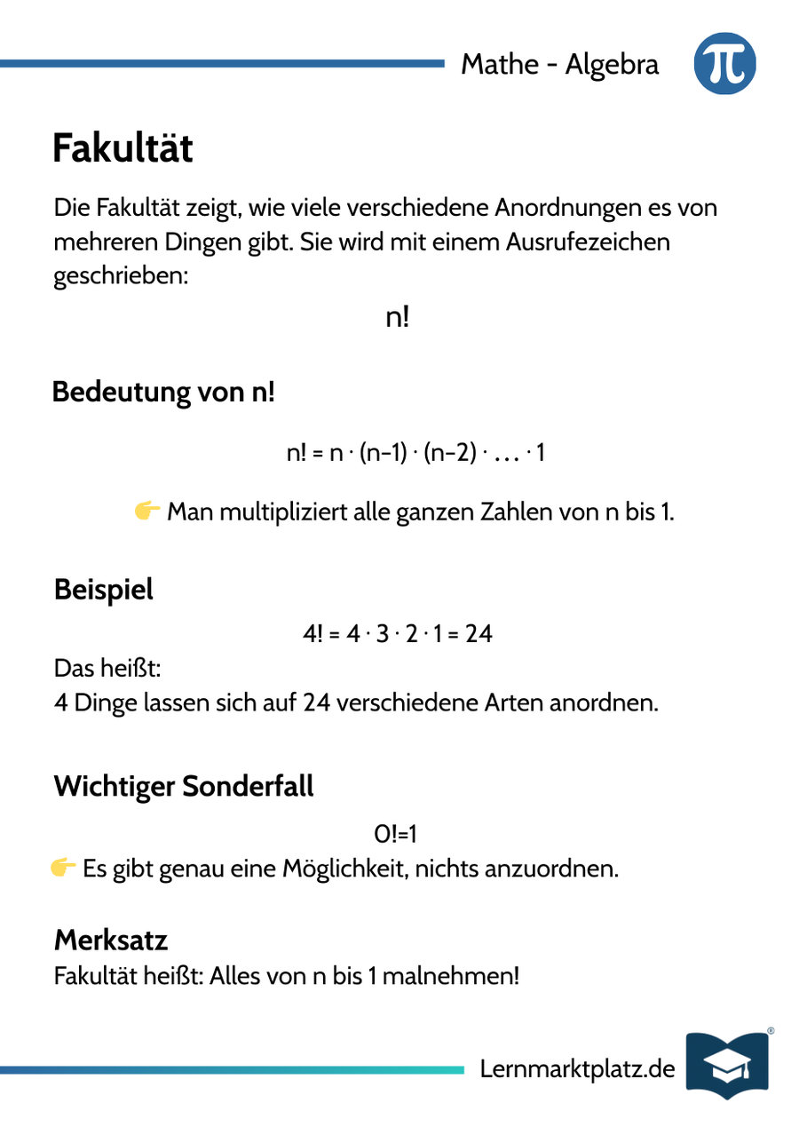 Fakultät (!) – Bedeutung & Anwendung – Lernkarte (kostenloses PDF)
