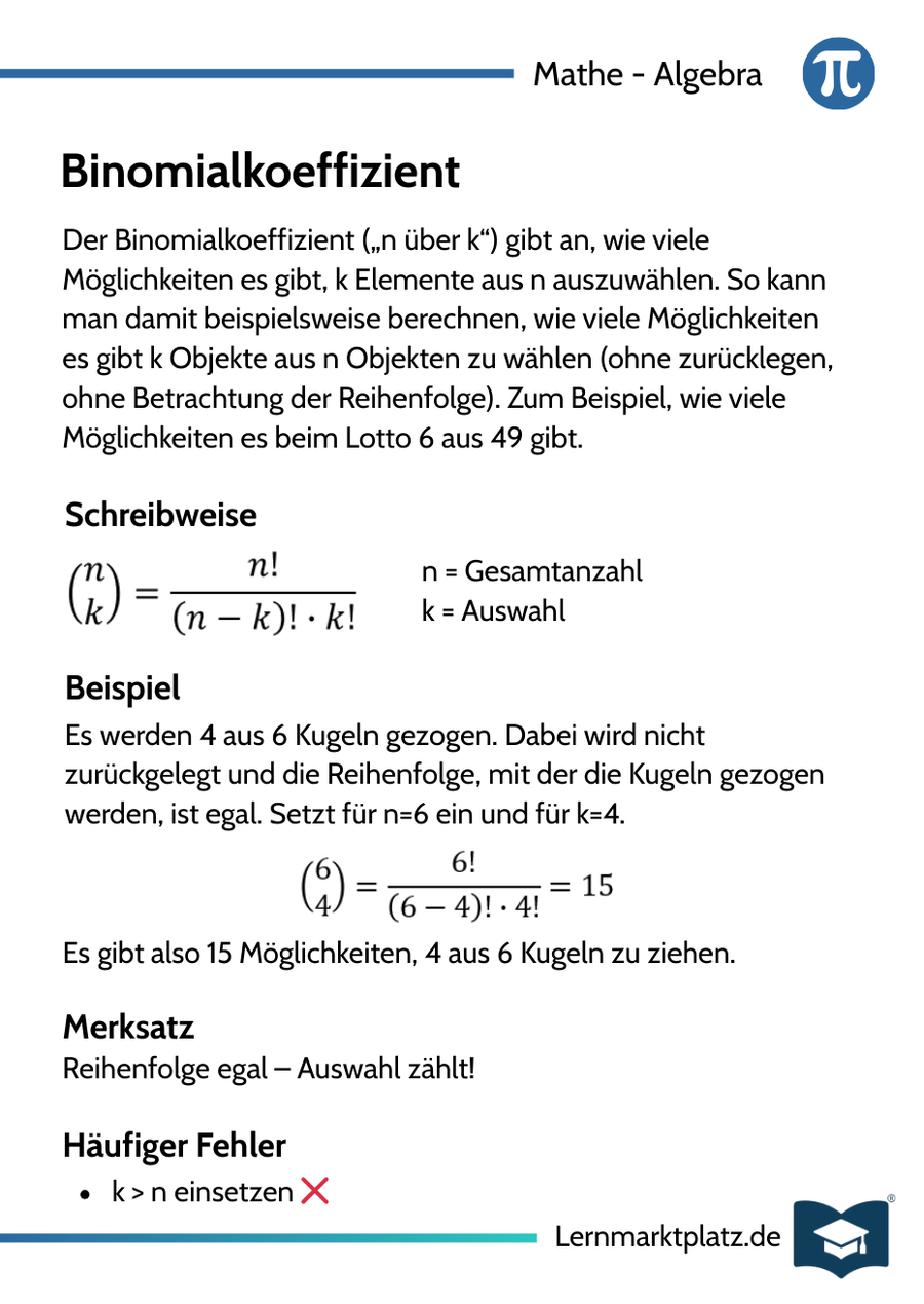 Binomialkoeffizient – Lernkarte (kostenloses PDF)