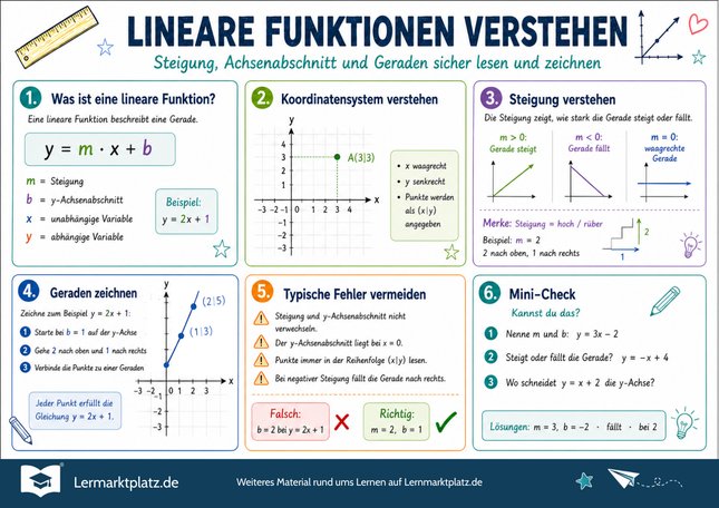 Lineare Funktionen verstehen – Steigung, Achsenabschnitt & Geraden zeichnen – Lernposter / Lernplakat als PDF