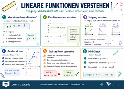 Lineare Funktionen verstehen – Steigung, Achsenabschnitt & Geraden zeichnen – Lernposter / Lernplakat als PDF