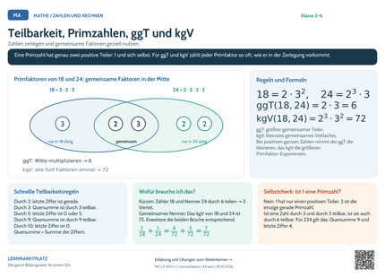 Mathe-Lernposter: Teilbarkeit, Primzahlen, ggT und kgV – A4 und A3 quer