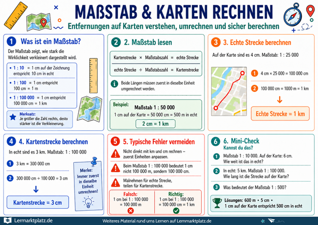 Maßstab & Karten rechnen – Entfernungen verstehen und berechnen – Lernposter / Lernplakat als PDF