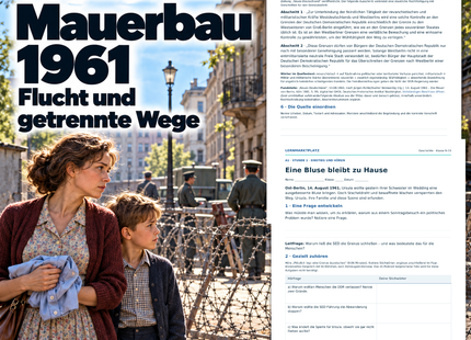 Mauerbau 1961: Unterrichtseinheit für Klasse 9–10 mit moderner KI-Illustration und originalen Arbeitsblattvorschauen.