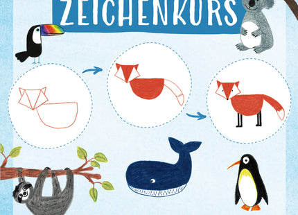 Mein erster Zeichenkurs – Lieblingstiere zeichnen ab 4 Jahren – Buchcover mit Tiermotiven und Zeichenschritten