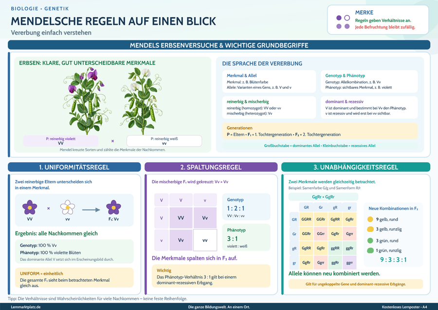 Mendelsche Regeln auf einen Blick – Vererbung einfach verstehen – Lernposter / Lernplakat als PDF