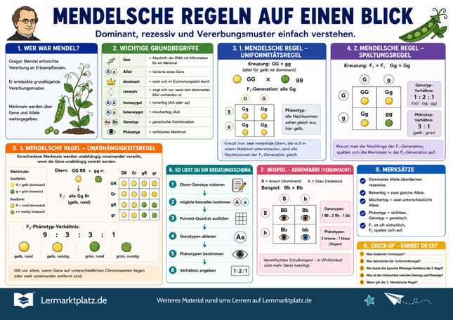 Mendelsche Regeln auf einen Blick – Vererbung einfach verstehen – Lernposter / Lernplakat als PDF