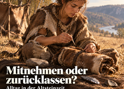Mitnehmen oder zurücklassen? – Alltag in der Altsteinzeit. KI-Illustration der erfundenen Tara beim Packen; keine Rekonstruktion einer belegten Abreise.