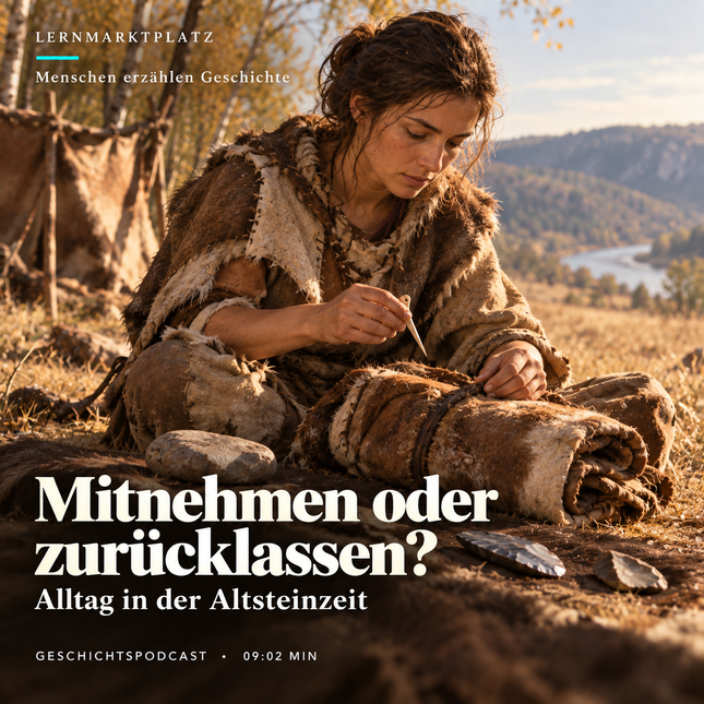 Mitnehmen oder zurücklassen? – Alltag in der Altsteinzeit. KI-Illustration der erfundenen Tara beim Packen; keine Rekonstruktion einer belegten Abreise.