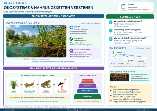 Ökosysteme & Nahrungsketten verstehen – wie Lebewesen und Umwelt zusammenhängen – Lernposter / Lernplakat als PDF